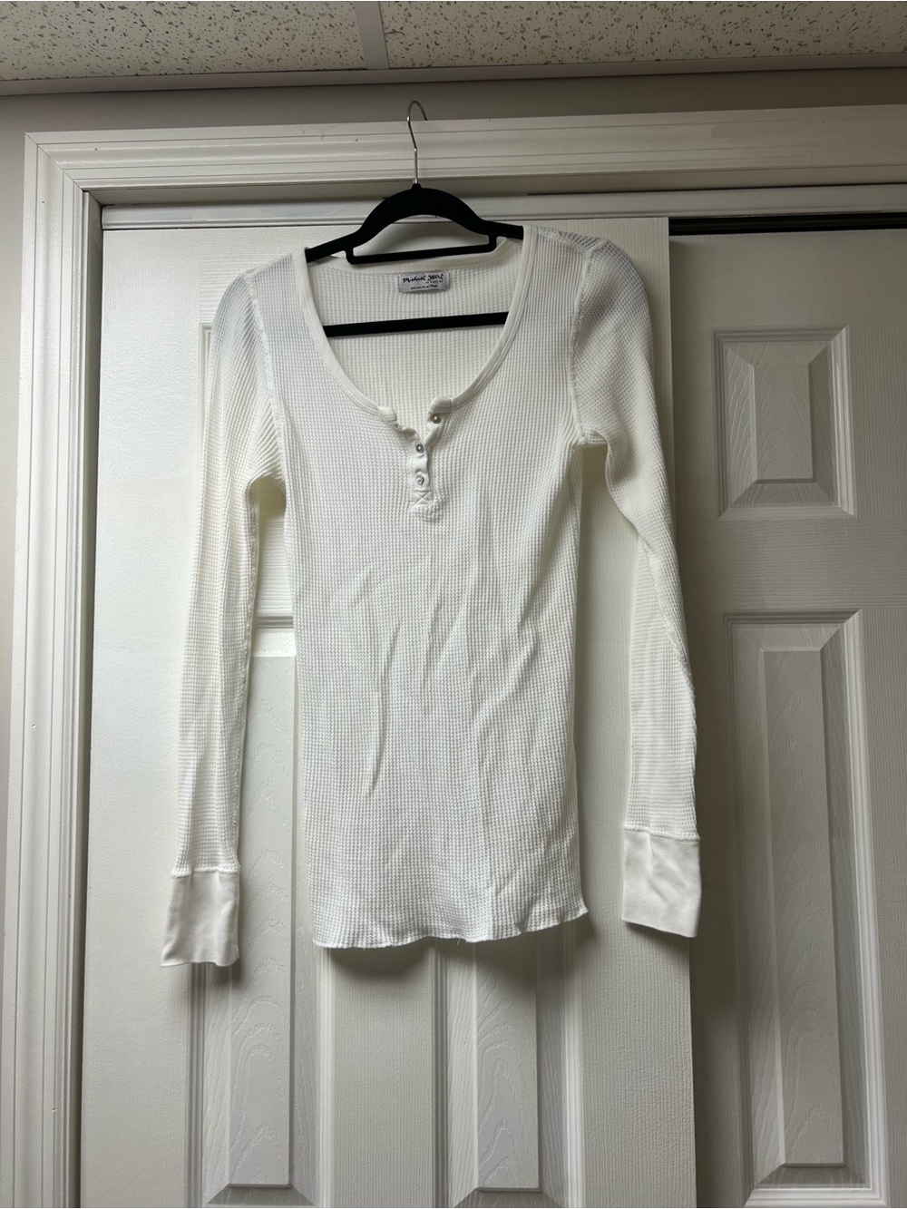 Michael Stars Cream Waffle-Knit Henley Long Sleeve Top